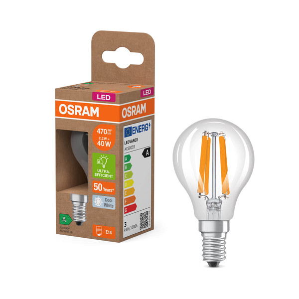 OSRAM LED Lampe CLASSIC P höchste Energieeffizienzklasse A 2.2W 840 Clear E14 Neutralweiss 4099854255205