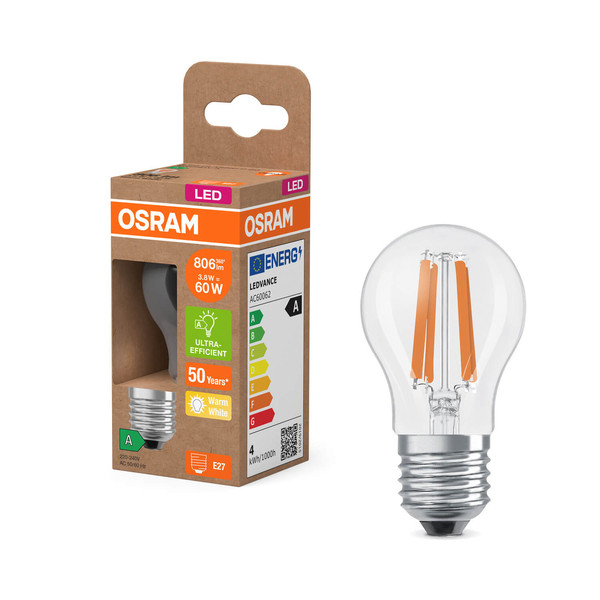 OSRAM LED Lampe CLASSIC P höchste Energieeffizienzklasse A 3.8W 827 Clear E27 Warmweiss 4099854255243