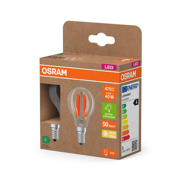 2er Pack OSRAM LED Lampe CLASSIC P höchste Energieeffizienzklasse A 2.2W 827 Clear E14 Warmweiss 4099854255496