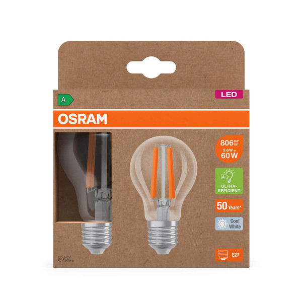 2er Pack OSRAM LED Lampe LAMPS ENERGY CLASS A höchste Energieeffizienzklasse A Filament CLASSIC A 3.8W 840 Clear E27 Neutralweiss 4099854259753