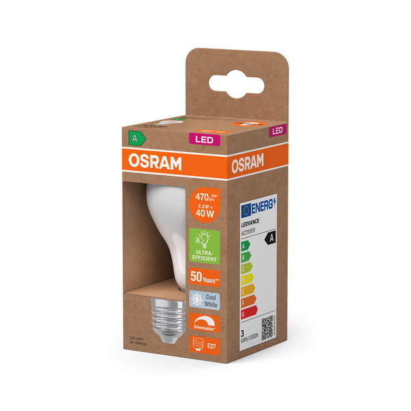 OSRAM LED Lampe CLASSIC A höchste Energieeffizienzklasse A 2.2W 840 Frosted E27 Dimmbar Neutralweiss 4099854265426
