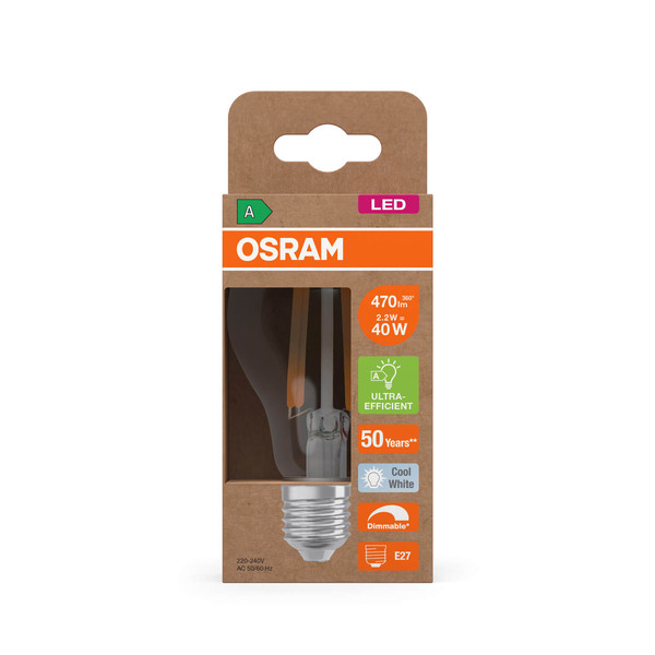 OSRAM LED Lampe CLASSIC A höchste Energieeffizienzklasse A 2.2W 840 Clear E27 Dimmbar Neutralweiss 4099854265464