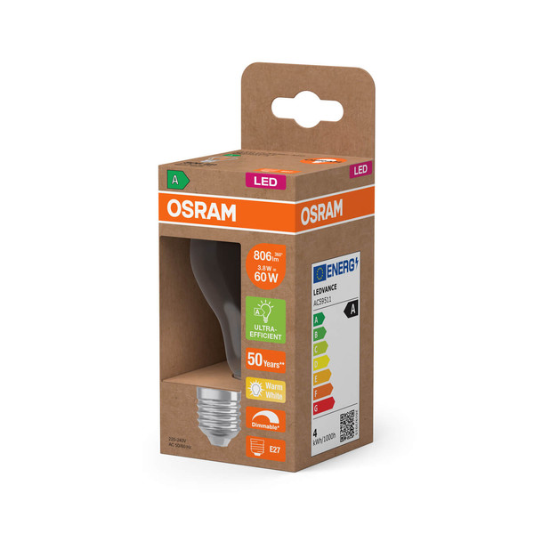 OSRAM LED Lampe CLASSIC A höchste Energieeffizienzklasse A 3.8W 827 Clear E27 Dimmbar Warmweiss 4099854265488