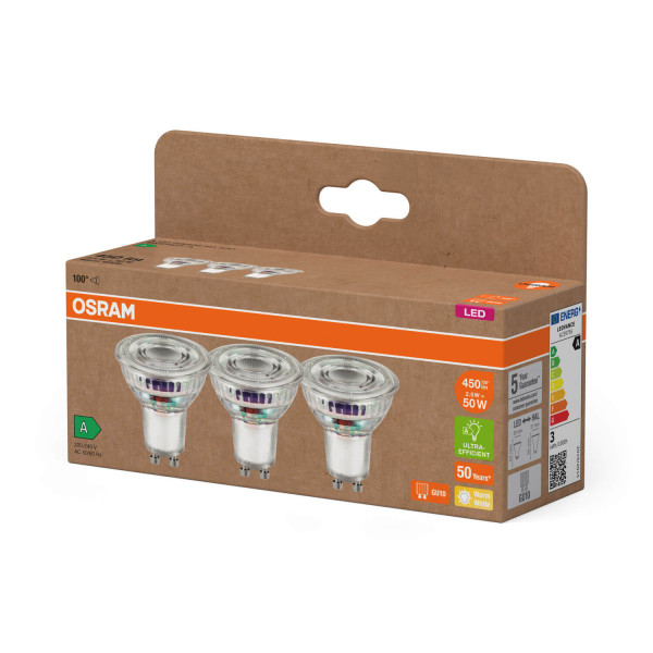 3er Pack OSRAM LED Spot, Strahler LAMPS höchste Energieeffizienzklasse A REFLECTOR 2.5W 827 GU10 Warmweiss 4099854277900