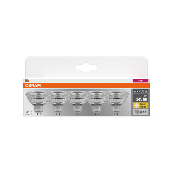 5er Pack OSRAM LED Spot, Strahler BASE MR16 3.8W 827 GU5.3 Warmweiss 4099854334337