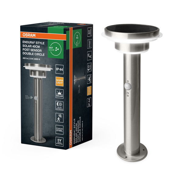 OSRAM LED Aussenleuchte ENDURA STYLE SOLAR DOUBLE CIRCLE 40cm Post Sensor Double Circle 6W Stainless Steel Dimmbar Warm weiß 4099854455469