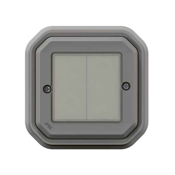 Legrand PLEXO New Feuchtraum Connected-Smart-Home-Doppelschalter, Wandsender, Aufputz Schalter, An-Aus, Home+Control-App, IP55 wasserfest, stoßfest, grau, 069819L