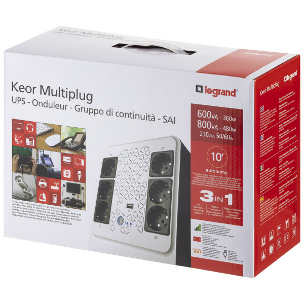 Legrand Unterbrechungsfreie Stromversorgung USV-Anlage, Keor Multiplug mit 800VA/480W 6xSteckdosen & USB, Inverter AVR 310082