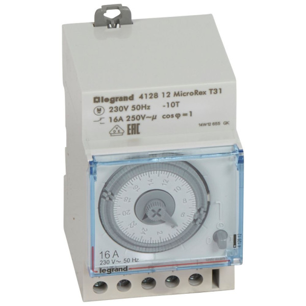 Legrand Zeitschaltuhr MicroRex T31, mechanisch mit 24 Stunden-Programm, Reiheneinbau-Zeitschaltuhr für Hutschiene, 3-modulig, 412812