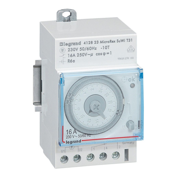Legrand Zeitschaltuhr MicroRex T31 Su/Wi Plug & Play, mechanisch Reiheneinbau-Zeitschaltuhr für Hutschiene, 3-modulig, 16A, 250V 412823