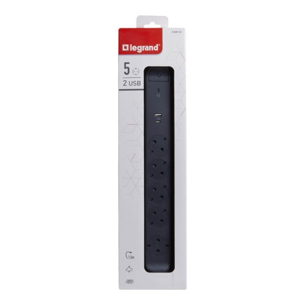 Legrand Drehbare Steckdosenleiste 5x Steckdose, USB-A, USB-C, SPD, 1,5m Kabel Schwarz 694514