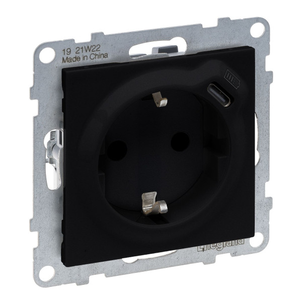 Legrand SEANO 2 in 1 Steckdose, USB Typ C-Kombinationssteckdose, mit erhöhtem Berührungsschutz, Steckklemmen, 16A, Schwarz, 765326