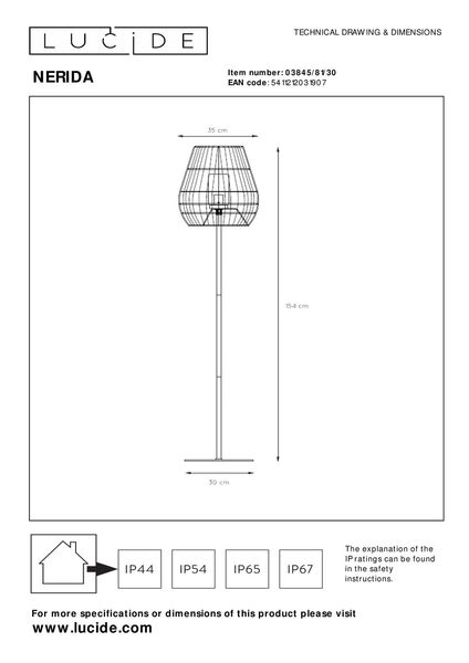 Lucide NERIDA Stehleuchte E27 Schwarz IP44 03845/81/30
