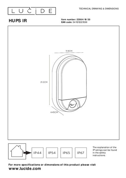 Lucide HUPS IR LED Wandleuchte 10W Schwarz, Opal Sensor IP54 22864/10/30