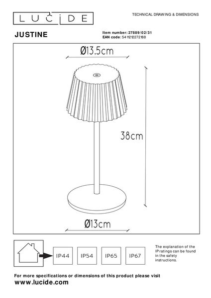 Lucide JUSTINE LED Tischlampe 2W dimmbar Weiß IP54 27889/02/31