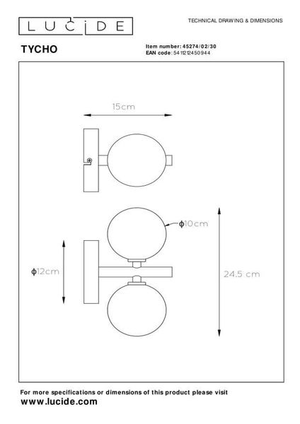 Lucide TYCHO Wandleuchte 2x G9 Schwarz, Rauchfarbe Grau 45274/02/30
