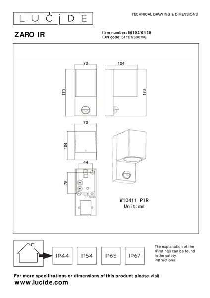 Lucide ZARO IR Wandleuchte GU10 Schwarz Sensor IP65 69802/01/30