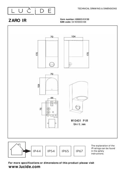 Lucide ZARO IR Wandleuchte GU10 Schwarz Sensor IP65 69803/01/30