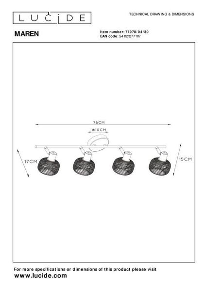 Lucide MAREN Deckenleuchte 4x E14 360° drehbar Schwarz 77978/04/30