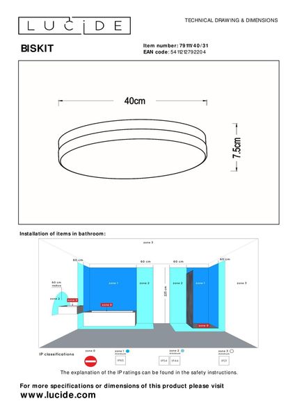 Lucide BISKIT LED Deckenleuchte 36W Weiß, Opal Sensor IP44 79111/40/31