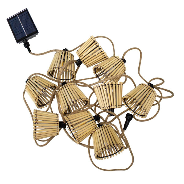 NewGarden OKINAWA LED Lichterkette Solar 8m, Bambus, Jute, Solar mit Akku, 10x E12 IP44
