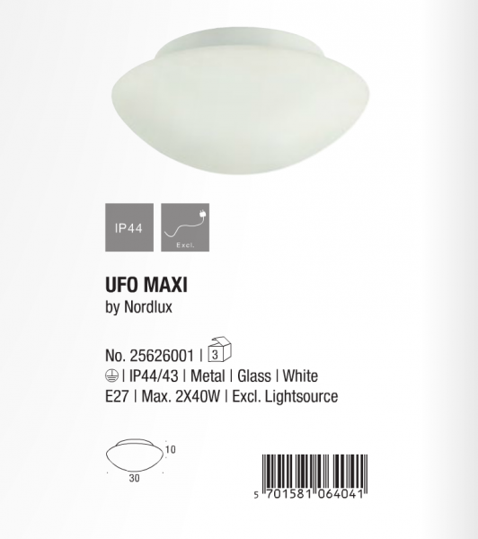 Nordlux 25626001 Ufo Maxi Deckenleuchte 2xE27 Glas Metall Weiss IP44