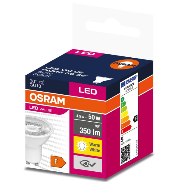OSRAM LED VALUE PAR16 50 36 ° 4.5W GU10 Spot, Strahler 350lm 3000K warmweiss wie 50W 4058075598645