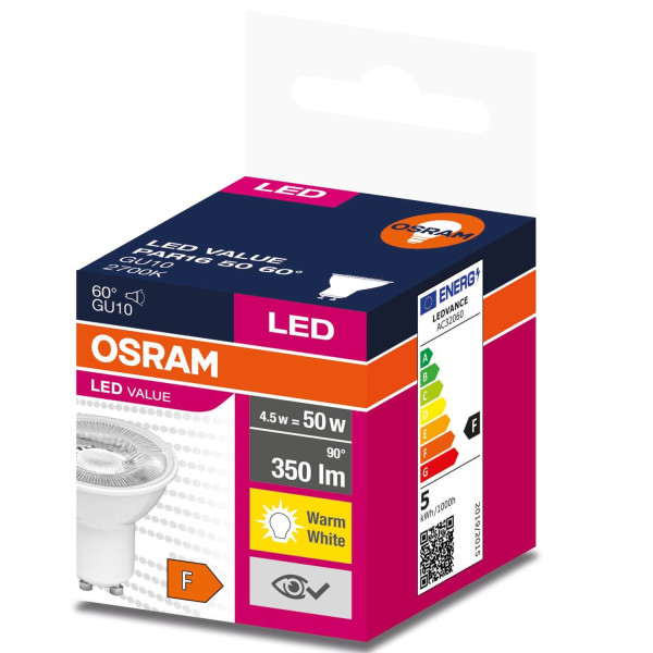 OSRAM LED VALUE PAR16 50 60 ° 4.5W GU10 Spot, Strahler 350lm 2700K warmweiss wie 50W 4058075598942