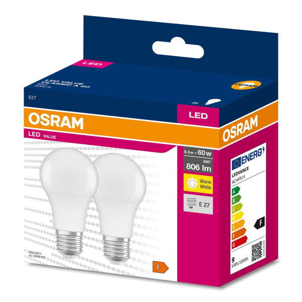 OSRAM 2er-Pack LED VALUE CLASSIC A 60 8.5W E27 Lampe 806lm 3000K warmweiss wie 60W 4058075628984