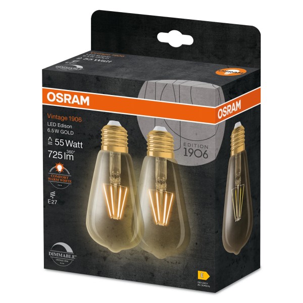 2er-Pack OSRAM Vintage 1906 E27 Edison Filament LED Lampe 6.5W 725Lm 2400K warmweiss wie 55W 4058075754713