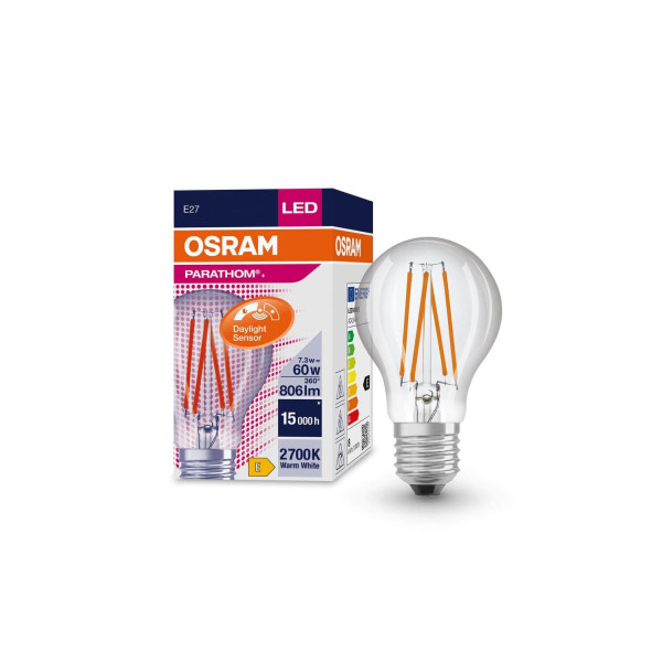 OSRAM PARATHOM Tageslichtsensor CLASSIC A 7.3W 827 klar E27 Lampe 806lm 2700K warmweiss wie 60W 4058075762015