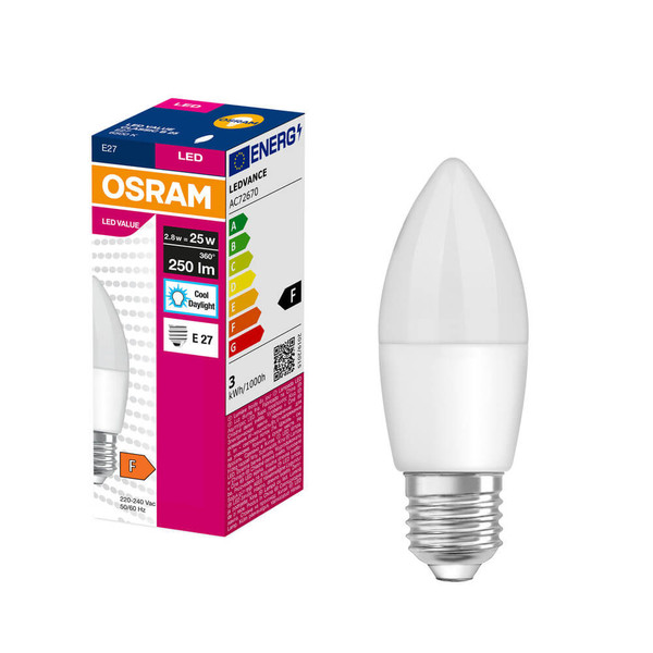 OSRAM LED Kerze E27 Value Classic B matt B25 2.8W 250lm Tageslichtweiss 6500K wie 25W 4099854545283