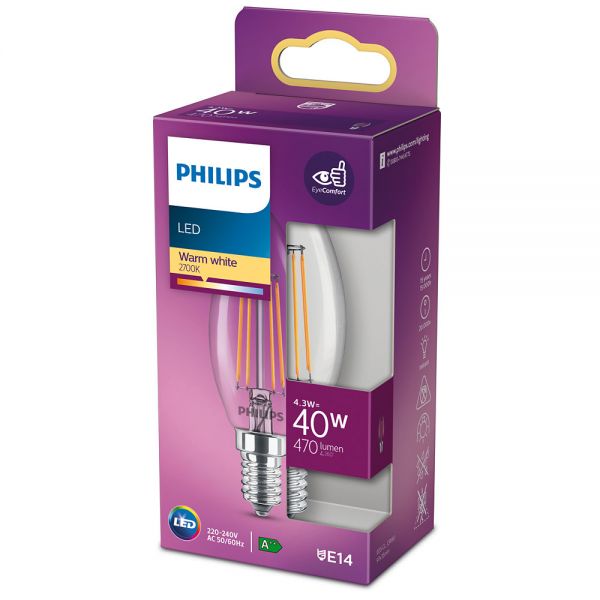 Philips E14 LED Kerze Filament 4.3W 470Lm warmweiss wie 40W Glühkerze 8718699763077