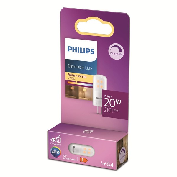 Philips Brenner LED Stiftsockel-Lampe G4 für Schrank, Dunstabzug, Möbel dimmbar 2,1W 210lm warmweiss 2700K wie 20W