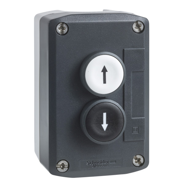 Schneider Electric XALD222E Aufbaugehäuse, Harmony XALD, Kunststoff, dunkelgrau, 2 Drucktaster, weiß, schwarz, Pfeile Auf-Ab, 22mm, 2S+2Ö