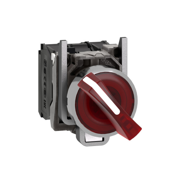 Schneider Electric XB4BK124M5 Leuchtwahlschalter, Harmony XB4, Metall, 22mm, rot, universelle LED, 2 Stellungen, 1S+1Ö, 230-240V AC