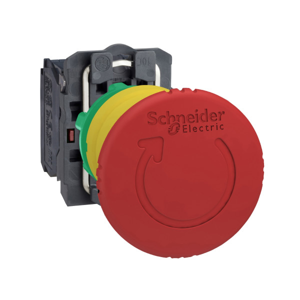 Schneider Electric XB5AS8445 Not-Aus/Not-Halt-Schalter, Harmony XB5, Kunststoff, Drehentriegelung, 22mm, Pilz 40mm, 1S + 1Ö