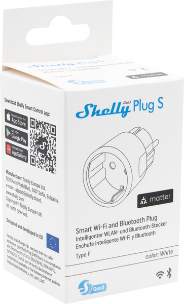Shelly Plug S Gen3, Matter - Smarte Steckdose, Weiß, Zwischenstecker WLAND, BT, Matter