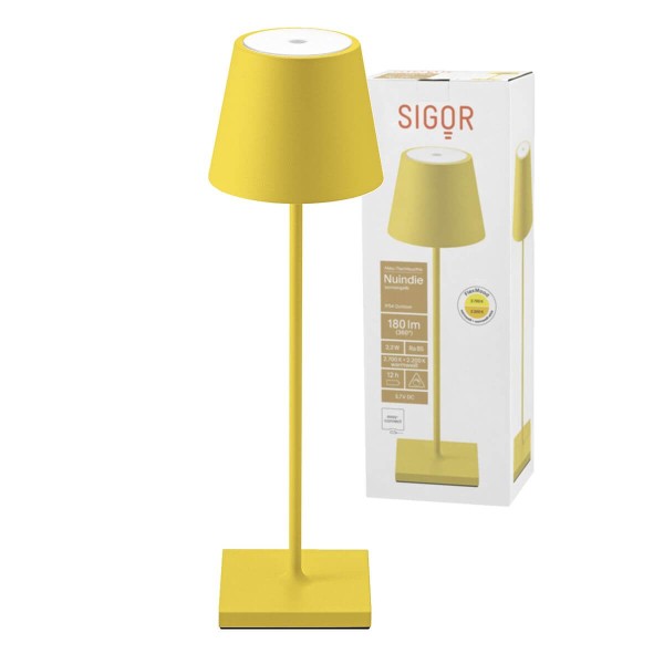 SIGOR Akku-Tischleuchte Nuindie USB-C 38cm sonnengelb rund 2,2W FlexMood 2200K/2700K IP54 Ra85 dimmbar