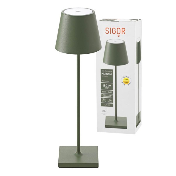 SIGOR Akku-Tischleuchte USB-C Nuindie 38cm tannengrün 2,2W FlexMood 2200K/2700K IP54 Ra85 dimmbar