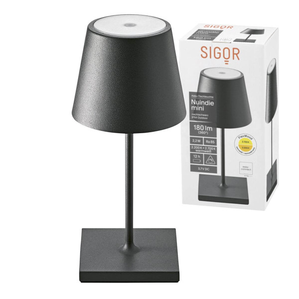 SIGOR 4547001 Akku-Tischleuchte Nuindie mini 25cm USB-C nachtschwarz 2,2W FlexMood 2200K/2700K IP54 Ra85 dimmbar