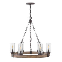Elstead Sawyer Außen-Kronleuchter E14 6-fach Sequoia-Holzoptik mit rostfarbenen Eisenakzenten und klarem Glas mit Sprenkeln Glas mit Luftbläschen IP44