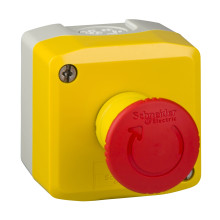 Schneider Electric XALK178 Aufbaugehäuse, Harmony XALK, Kunststoff, hellgrau, gelb, 1 Not-Aus-Schalter, Drehentriegelung, 1Ö